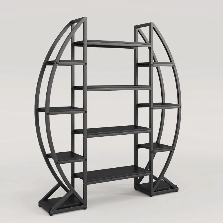 Store Tribesigns Industrial Bookshelf, Oval Triple Wide Etagere Bookcases Display Shelves