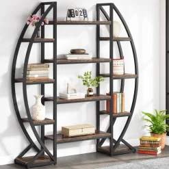 Store Tribesigns Industrial Bookshelf, Oval Triple Wide Etagere Bookcases Display Shelves