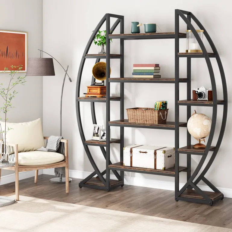Store Tribesigns Industrial Bookshelf, Oval Triple Wide Etagere Bookcases Display Shelves