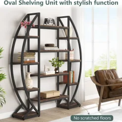 Store Tribesigns Industrial Bookshelf, Oval Triple Wide Etagere Bookcases Display Shelves