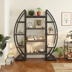 Store Tribesigns Industrial Bookshelf, Oval Triple Wide Etagere Bookcases Display Shelves