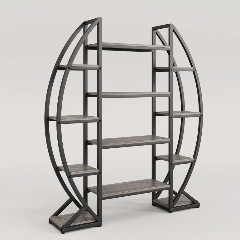 Store Tribesigns Industrial Bookshelf, Oval Triple Wide Etagere Bookcases Display Shelves