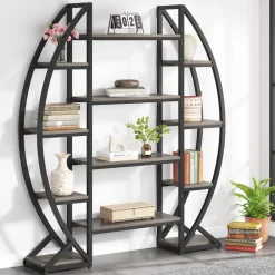 Store Tribesigns Industrial Bookshelf, Oval Triple Wide Etagere Bookcases Display Shelves
