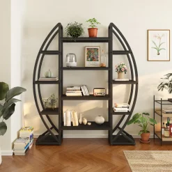 Store Tribesigns Industrial Bookshelf, Oval Triple Wide Etagere Bookcases Display Shelves