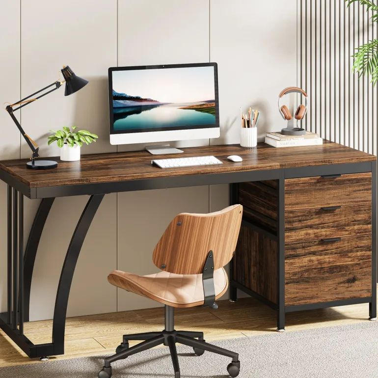 Sale Tribesigns Industrial Computer Desk, 59" Study Desk with Reversible Drawer Cabinet