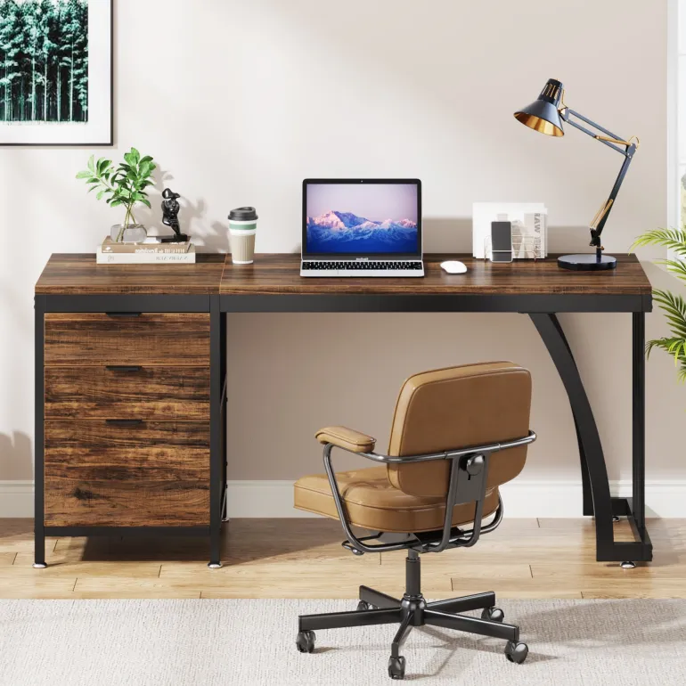 Sale Tribesigns Industrial Computer Desk, 59" Study Desk with Reversible Drawer Cabinet
