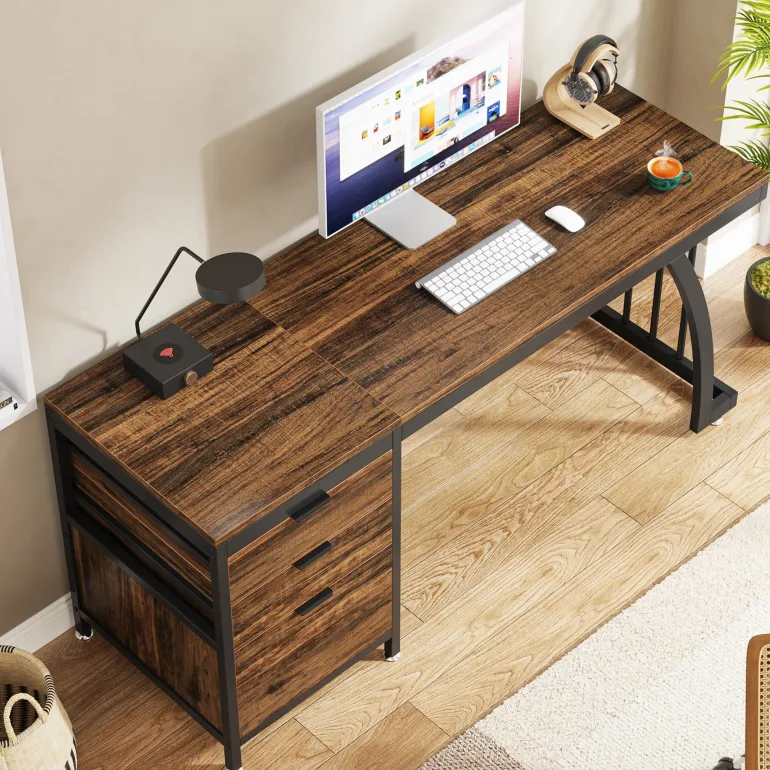 Sale Tribesigns Industrial Computer Desk, 59" Study Desk with Reversible Drawer Cabinet
