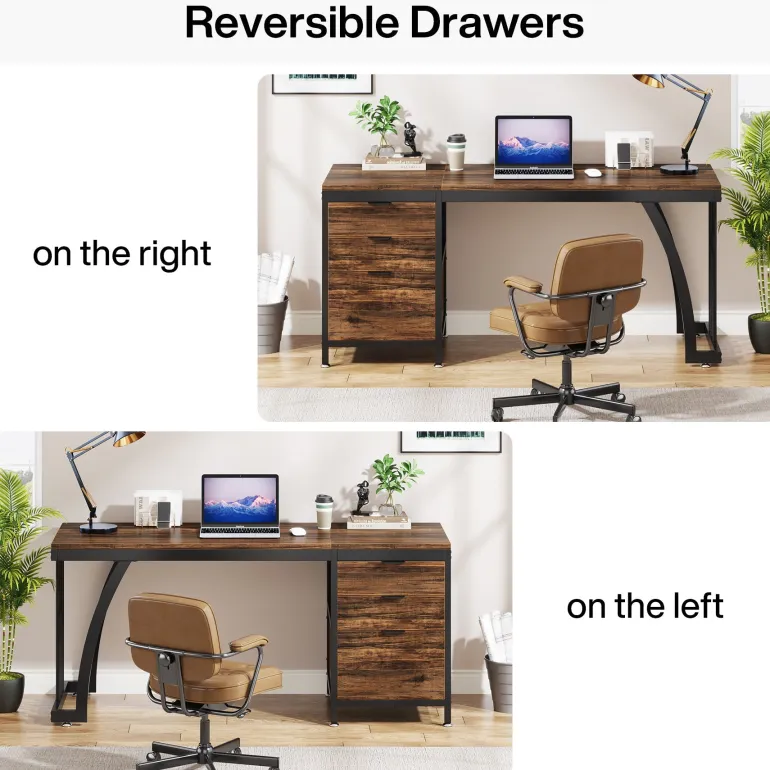 Sale Tribesigns Industrial Computer Desk, 59" Study Desk with Reversible Drawer Cabinet