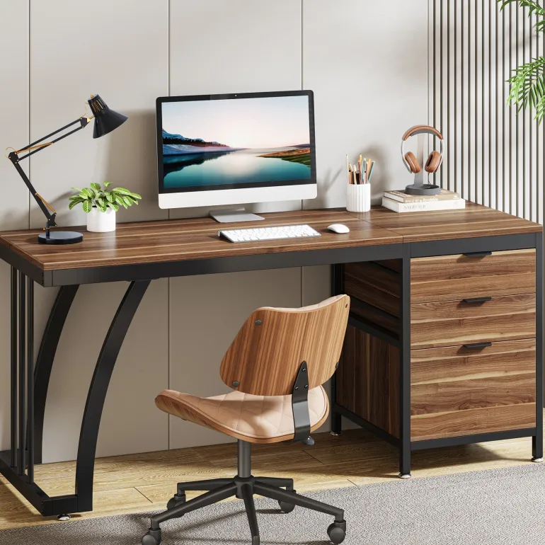 Sale Tribesigns Industrial Computer Desk, 59" Study Desk with Reversible Drawer Cabinet