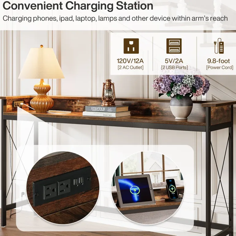 Cheap Tribesigns Industrial Console Table, 70.9" Sofa Table with Outlets and USB Ports