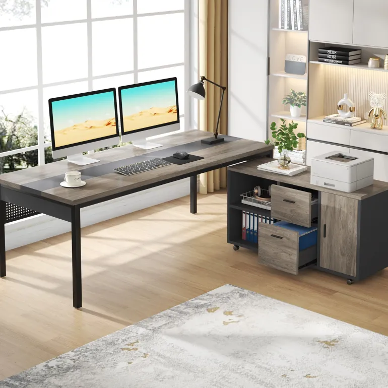 Best Sale Tribesigns Industrial L - Shaped Desk, 71" Executive Desk with 47" Mobile File Cabinet