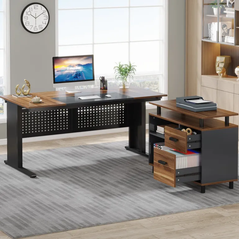New Tribesigns Industrial L - Shaped Desk, 63" Computer Executive Desk with File Cabinet