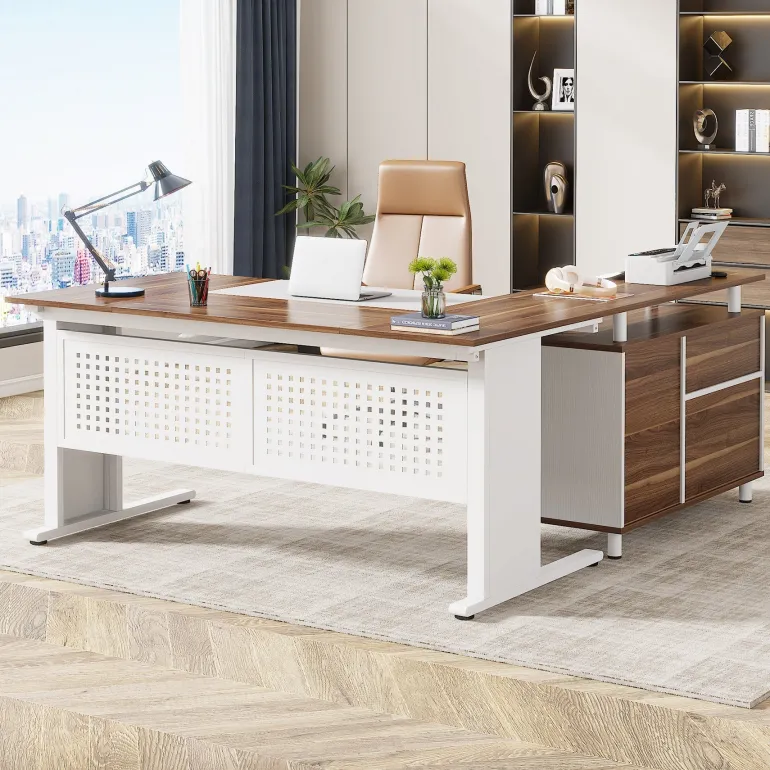 New Tribesigns Industrial L - Shaped Desk, 63" Computer Executive Desk with File Cabinet