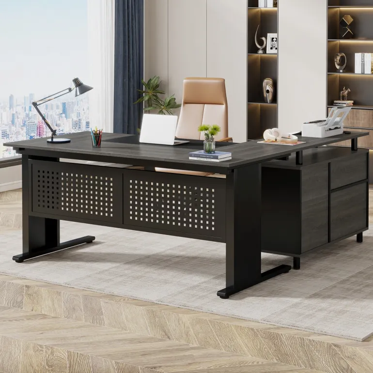 New Tribesigns Industrial L - Shaped Desk, 63" Computer Executive Desk with File Cabinet