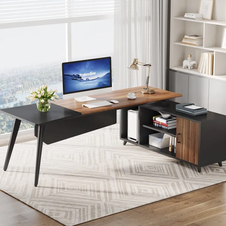 Fashion Tribesigns Industrial L-Shaped Desk, 78.74 Inch Executive Office Desk with File Cabinet