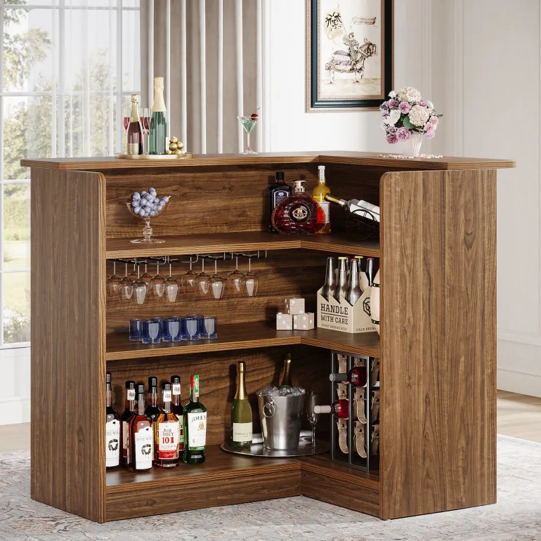 Hot Tribesigns L - shaped Bar Table, 4 - tier Bar Cabinet Liquor Bar Units