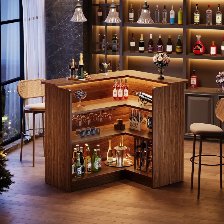 Hot Tribesigns L - shaped Bar Table, 4 - tier Bar Cabinet Liquor Bar Units