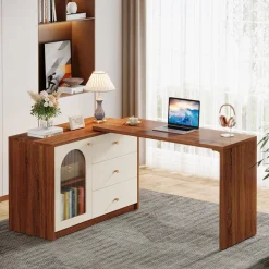 Shop Tribesigns L - Shaped Computer Desk, Corner Office Desk with Reversible Storage Cabinet