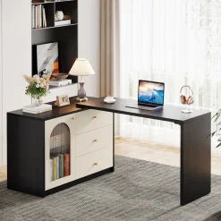 Shop Tribesigns L - Shaped Computer Desk, Corner Office Desk with Reversible Storage Cabinet