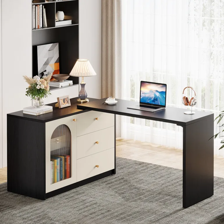 Shop Tribesigns L - Shaped Computer Desk, Corner Office Desk with Reversible Storage Cabinet