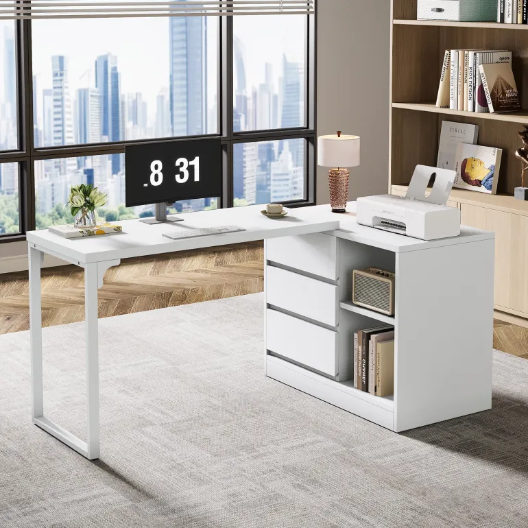 Fashion Tribesigns L - Shaped Computer Desk, Reversible Corner Desk With Drawer Cabinet