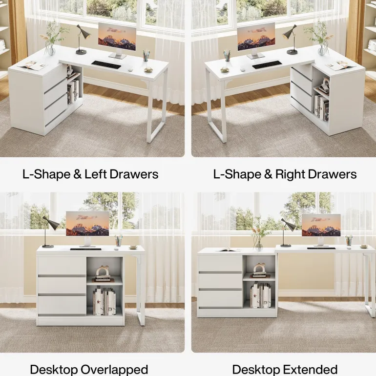 Fashion Tribesigns L - Shaped Computer Desk, Reversible Corner Desk With Drawer Cabinet