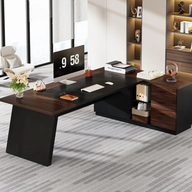 Shop Tribesigns L - Shaped Executive Desk, 78" Office Desk with Drawers and Lateral File Cabinet