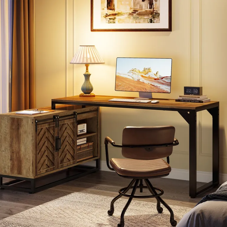 Clearance Tribesigns L - Shaped Executive Desk, 53" Farmhouse Computer Desk Corner Desk with Cabinet