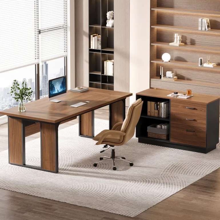 Cheap Tribesigns L - Shaped Executive Desk, 63" Computer Desk Workstation with File Cabinet