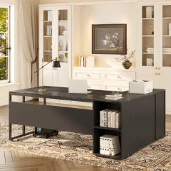 Store Tribesigns Large L - Shaped Desk, 71 inch Executive Desk with Shelves & Cabinet