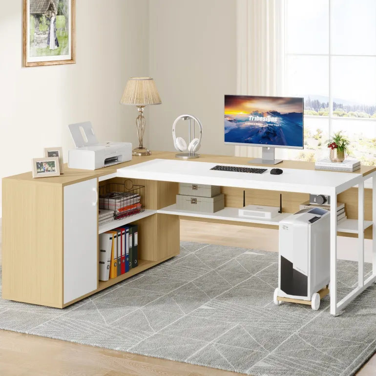 Store Tribesigns Large L - Shaped Desk, 71 inch Executive Desk with Shelves & Cabinet