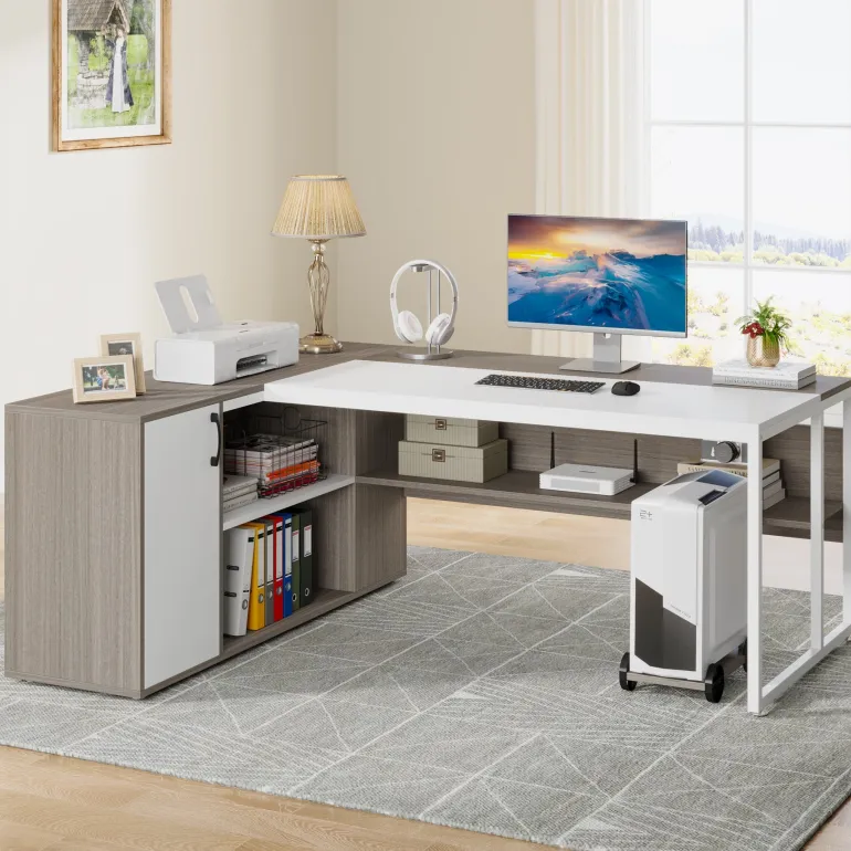 Store Tribesigns Large L - Shaped Desk, 71 inch Executive Desk with Shelves & Cabinet