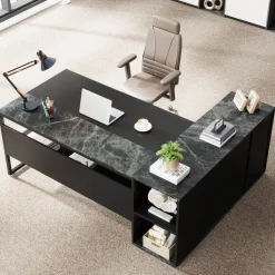 Store Tribesigns Large L - Shaped Desk, 71 inch Executive Desk with Shelves & Cabinet
