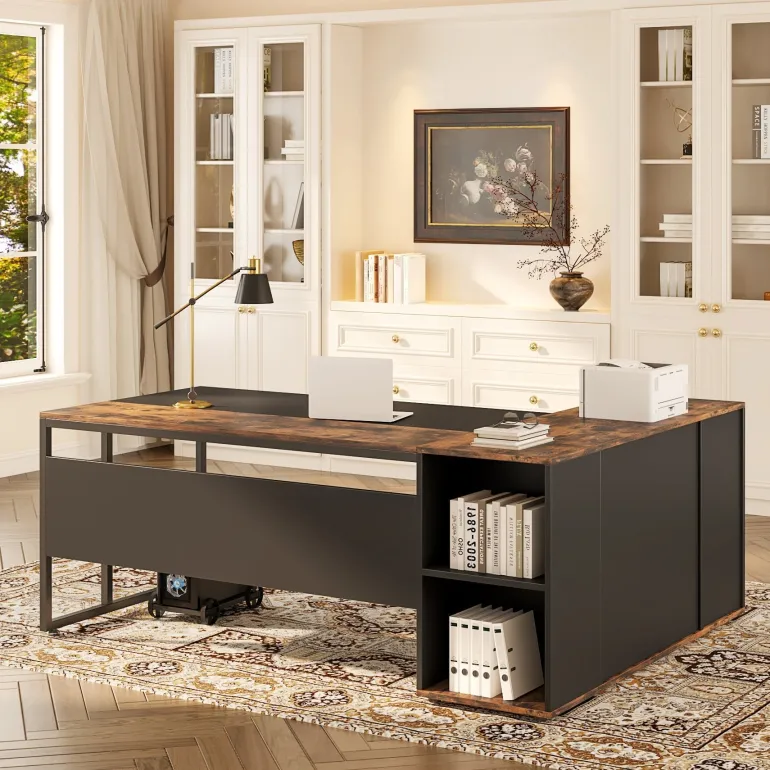 Store Tribesigns Large L - Shaped Desk, 71 inch Executive Desk with Shelves & Cabinet