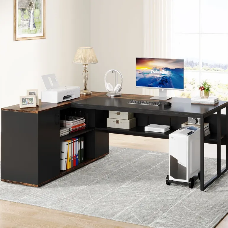 Store Tribesigns Large L - Shaped Desk, 71 inch Executive Desk with Shelves & Cabinet