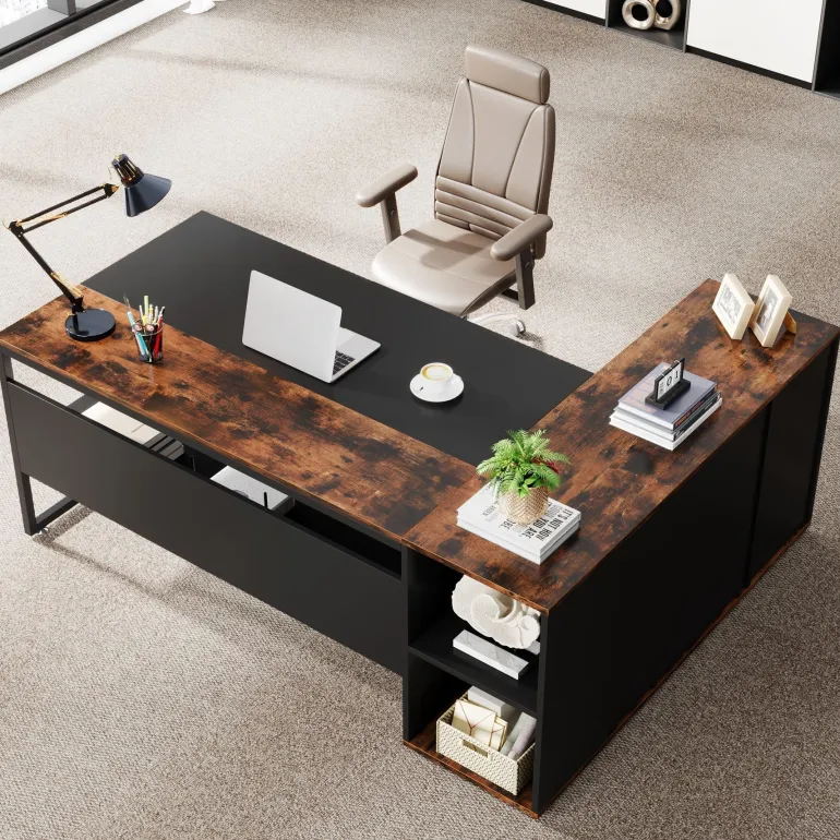 Store Tribesigns Large L - Shaped Desk, 71 inch Executive Desk with Shelves & Cabinet