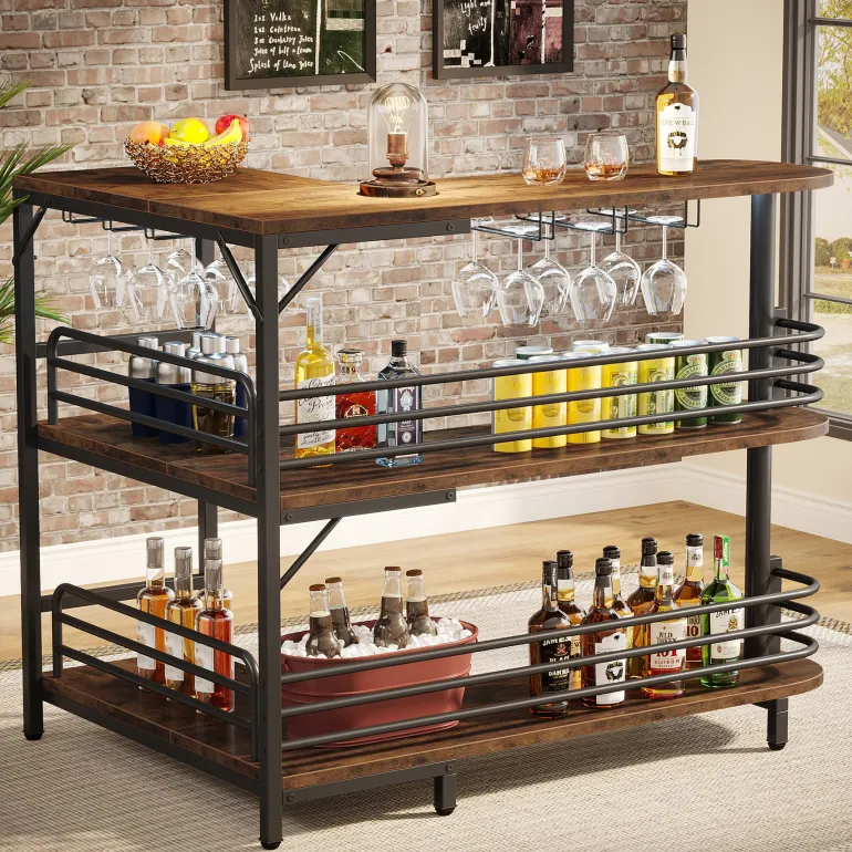Clearance Tribesigns L-Shaped Bar Unit, 3 Tier Liquor Bar Table with Wine Glasses Holder