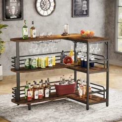 Clearance Tribesigns L-Shaped Bar Unit, 3 Tier Liquor Bar Table with Wine Glasses Holder