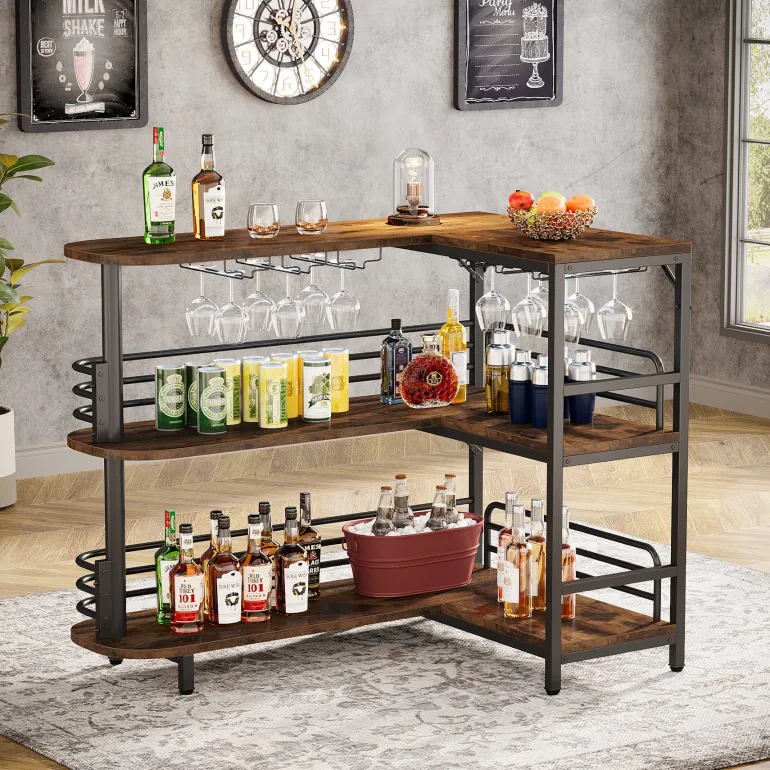 Clearance Tribesigns L-Shaped Bar Unit, 3 Tier Liquor Bar Table with Wine Glasses Holder