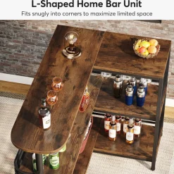 Clearance Tribesigns L-Shaped Bar Unit, 3 Tier Liquor Bar Table with Wine Glasses Holder