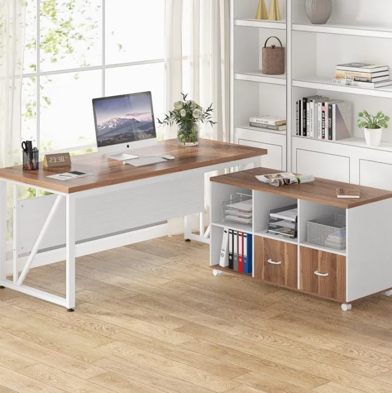 Discount Tribesigns L-Shaped Desk, 55" Executive Desk Computer Table and 43" File Cabinet