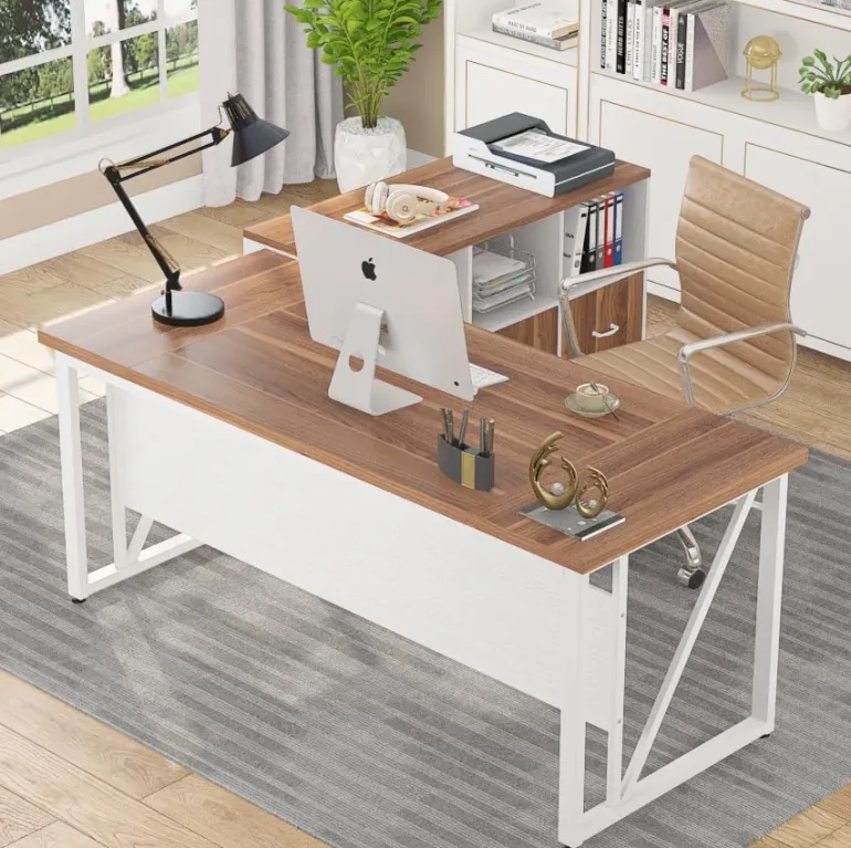 Discount Tribesigns L-Shaped Desk, 55" Executive Desk Computer Table and 43" File Cabinet