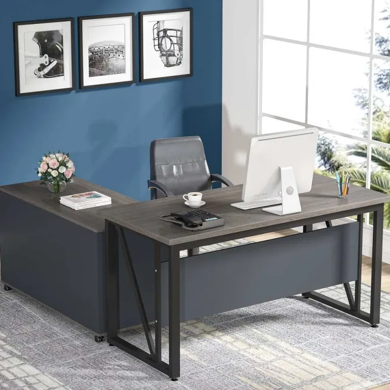 Discount Tribesigns L-Shaped Desk, 55" Executive Desk Computer Table and 43" File Cabinet