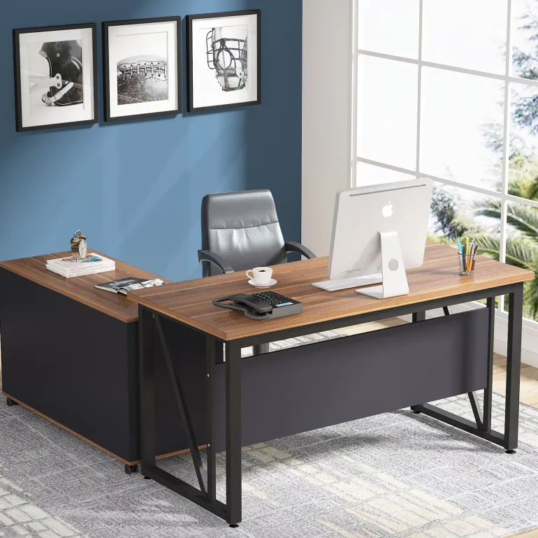 Discount Tribesigns L-Shaped Desk, 55" Executive Desk Computer Table and 43" File Cabinet