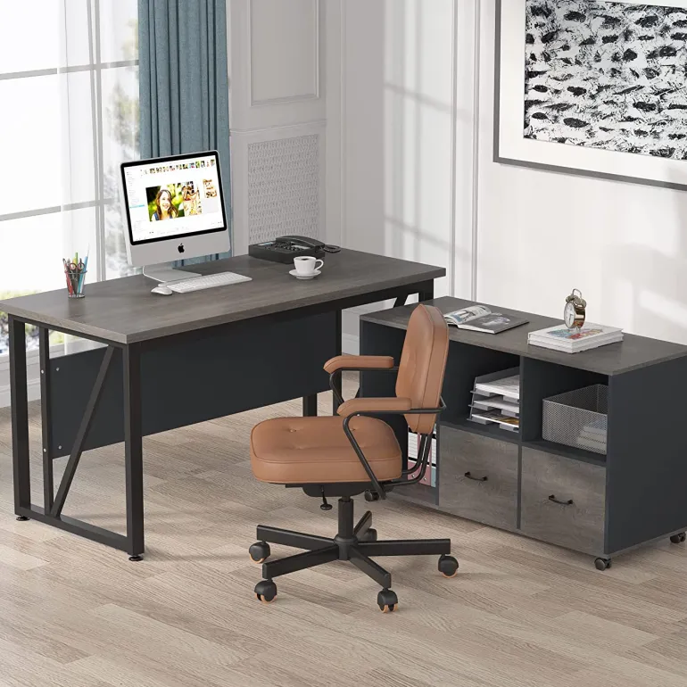 Discount Tribesigns L-Shaped Desk, 55" Executive Desk Computer Table and 43" File Cabinet