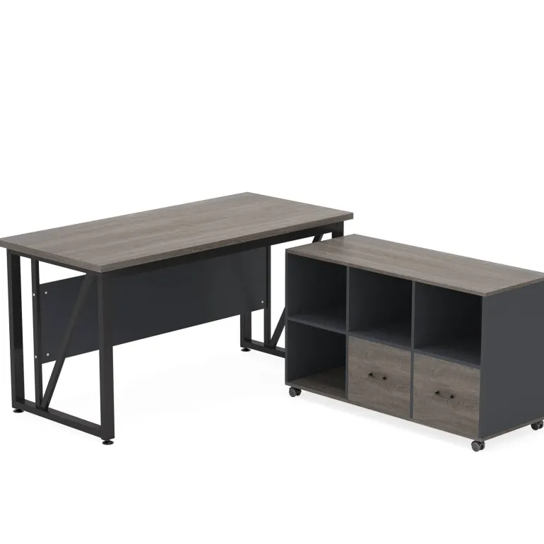 Discount Tribesigns L-Shaped Desk, 55" Executive Desk Computer Table and 43" File Cabinet