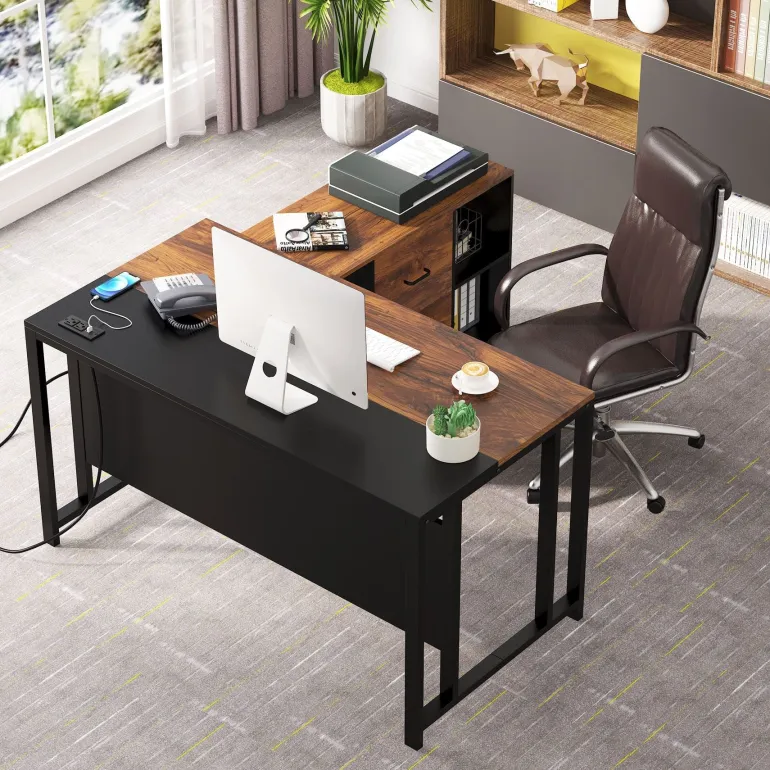 Clearance Tribesigns L-Shaped Desk, 55" Office Desk with 40" Mobile File Cabinet