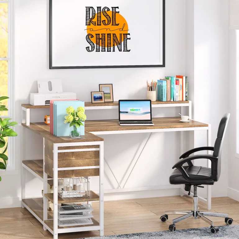 Flash Sale Tribesigns L-Shaped Desk, Industrial Corner Desk with Drawer & Storage Shelves
