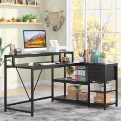 Flash Sale Tribesigns L-Shaped Desk, Industrial Corner Desk with Drawer & Storage Shelves