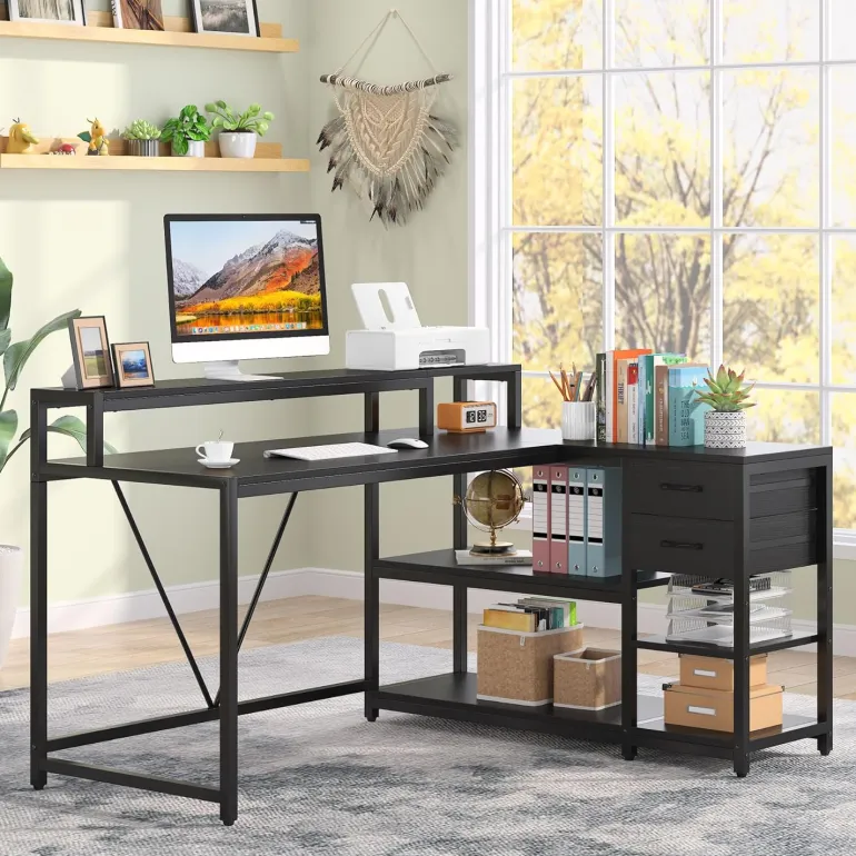 Flash Sale Tribesigns L-Shaped Desk, Industrial Corner Desk with Drawer & Storage Shelves